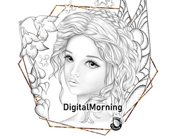 Premium Coloring Page PDF for Adult, Grayscale Coloring, A3 Coloring Page, Fairy coloring page