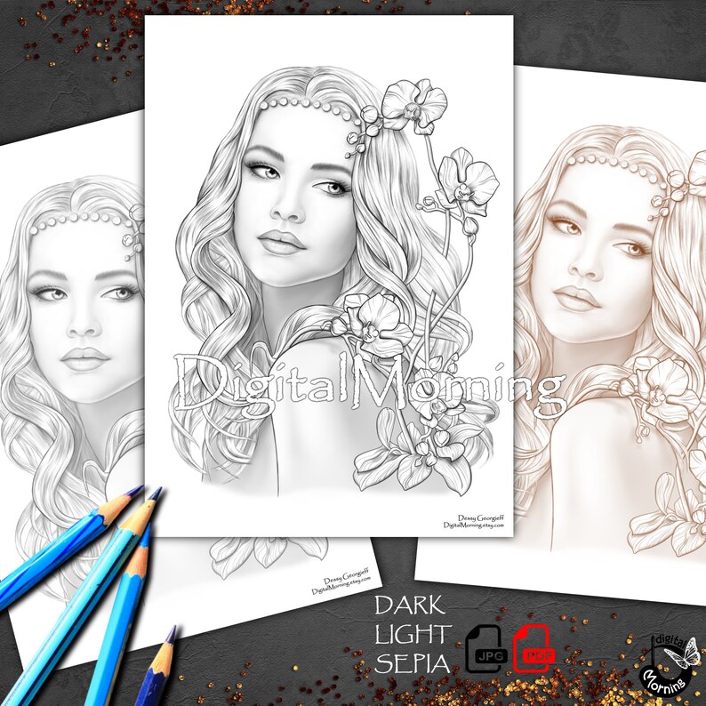 Puede incluir: Un dibujo en blanco y negro de una mujer con el pelo largo y suelto y orqu&iacute;deas en el pelo. El dibujo es de estilo realista y la mujer tiene una expresi&oacute;n serena en su rostro. El texto "Digital Morning" es visible en la imagen.