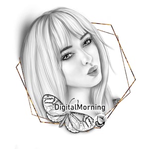 Premium portrait grayscale coloring page &quot;Christine&quot; A3 A4 Letter PDF JPG