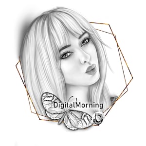 Premium portrait grayscale coloring page "Christine" A3 A4 Letter PDF JPG