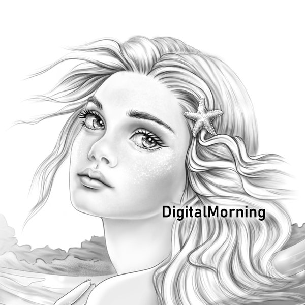 Mermaid Premium Coloring Page PDF for Adult, Grayscale Coloring, A4 Coloring Page, Stayhome beauty coloring page