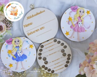 Tooth tin milk tooth tin tooth tin set tooth fairy made of wood personalized with name, Fimo, handmade, girl tooth fairy princess milk teeth