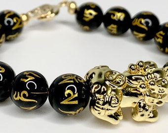 24K Gold Plated Pixiu Bracelet, Black Onyx