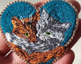 Cat brooch handmade, gift for him,hand embroidery brooch two cats,gift personalized handmade pin