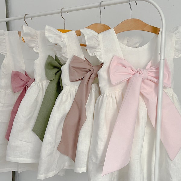 Milch Kleid mit Schleife (mehr Farbe Bogen), Milch Leinen Kleid für Mädchen, Brautjungfer Kleid Kleinkind mit Blush Schleife, Blumenmädchen Kleid Boho