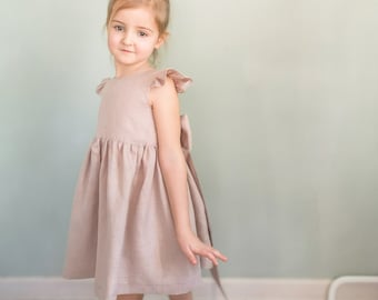 Robe de demoiselle d'honneur blush, robe en lin blanc pour fille, robe de demoiselle d'honneur plus de couleurs, robe blush enfant en bas âge avec noeud, robe de demoiselle d'honneur bohème