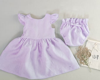 Lilac boho flower girl dress, Boho first birthday outfit, Girl linen dress