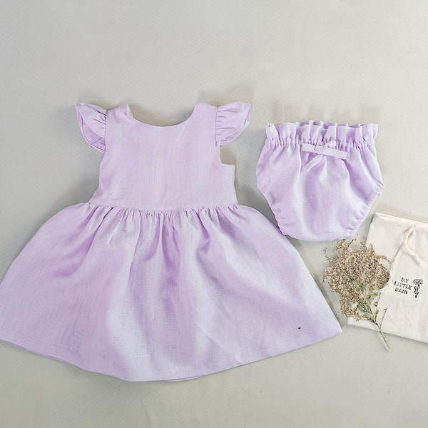 Lilac boho flower girl dress, Boho first birthday outfit, Girl linen dress