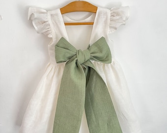 milk bridesmaid dress, milk linen dress for girl, bridesmaid dress toddler with sage green bow, flower girl dress boho
