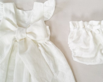 Milchleinenkleid für Mädchen, Vintage Style Baby, Set Brautjungfernkleid und Bloomers, Familien fotoshooting Kleid mit Schleife, Leinen Babykleid