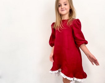 Rode kerstjurk voor meisje met lange mouwen, kerstjurk voor meisjes, linnen peuterjurk, bloemenmeisjesjurk, witte linnen jurk voor gi