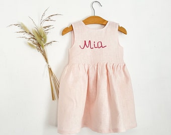 light peach Flutter Sleeves Baby Girl Linen Dress with Handmade Embroidery | Back Wooden Buttons | Birthday Spring Flower Girl Dress