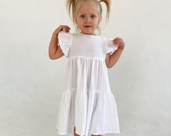 baby white dress with ruffled sleewes, white baptism dress, flower girl dress with flutter sleewes