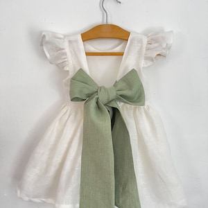 milk bridesmaid dress, milk linen dress for girl, bridesmaid dress toddler with sage green bow, flower girl dress boho zdjęcie 2