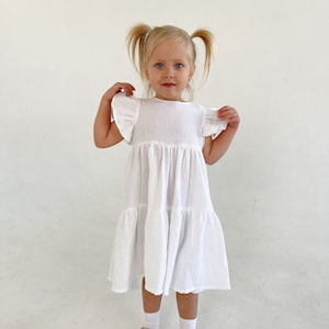 baby white dress with ruffled sleewes, white baptism dress, flower girl dress with flutter sleewes