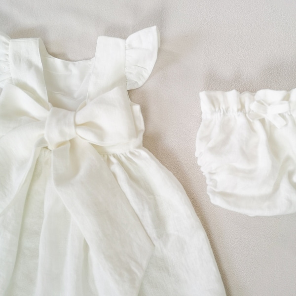 milk linen dress for girl, Vintage Style Baby, set bridesmaid dress and bloomers, family photoshoot dress with bow, linen baby dress