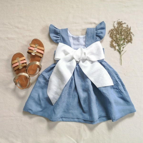 alice in wonderland dress, Dusty blue linen dress with white bow, Junior bridesmaid dress, family photoshoot dress with bow, baby dress