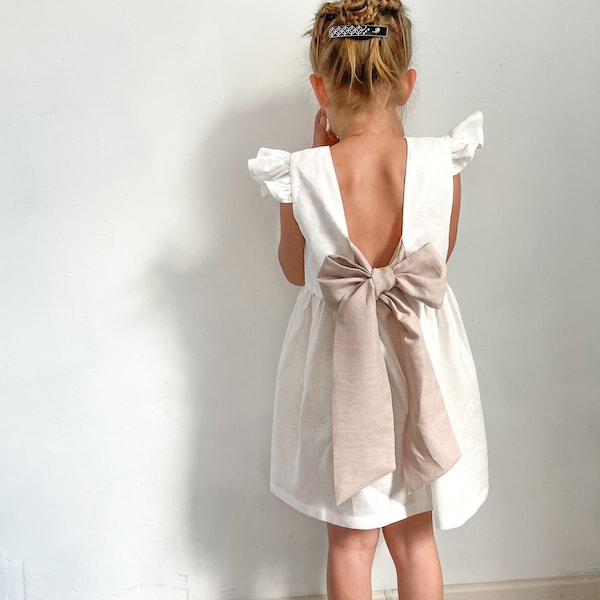 milk bridesmaid dress, milk linen dress for girl, bridesmaid dress toddler with blush bow, flower girl dress boho