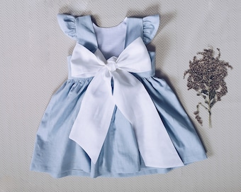 Robe bleu clair avec noeud blanc, robe de demoiselle d'honneur en lin plus de couleurs, robe de séance photo de famille avec noeud, robe en lin pour tout-petit