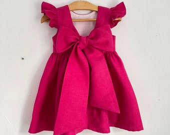 Fuchsia flowers dress Open back with big bow, baby pink dress