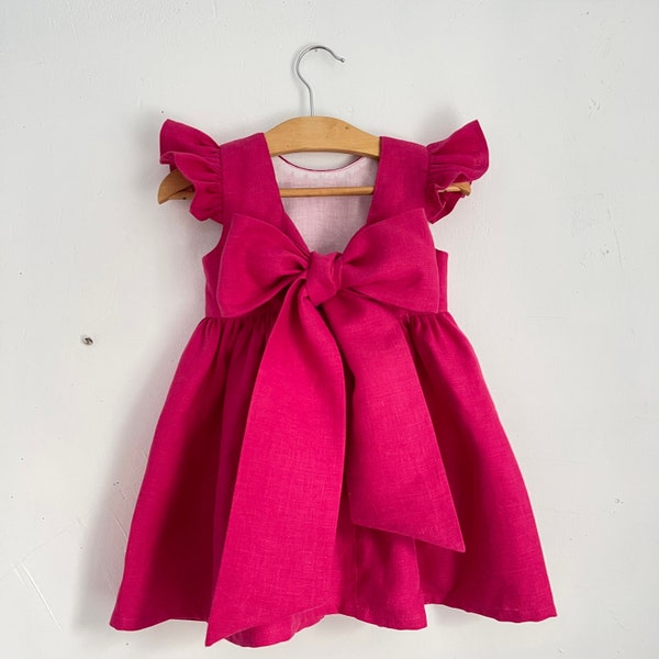 Vestido flores fucsia Espalda abierta con gran lazo, vestido rosa bebé