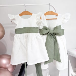 milk sage toddler dress, milk linen dress for girl,  dress toddler with sage green bow, flower girl dress boho