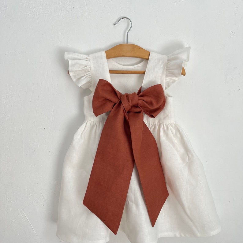 Milk dress with bow more colour bow, milk linen dress for girl, bridesmaid dress toddler with blush bow, flower girl dress boho image 8