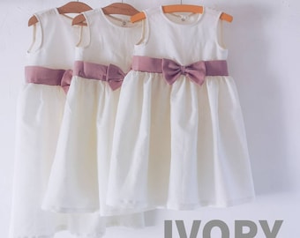 Ivory Boho Flower girl dress, Wedding Junior Bridesmaid,  twirl dress, milk linen dress, ivory dress