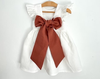 milk bridesmaid dress, milk linen dress for girl, bridesmaid dress toddler with burnt orange bow, flower girl dress boho