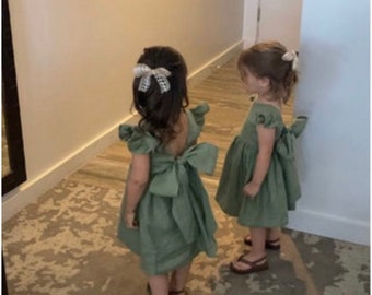 Sage green boho flower girl dress, Boho first birthday outfit, Girl linen dress