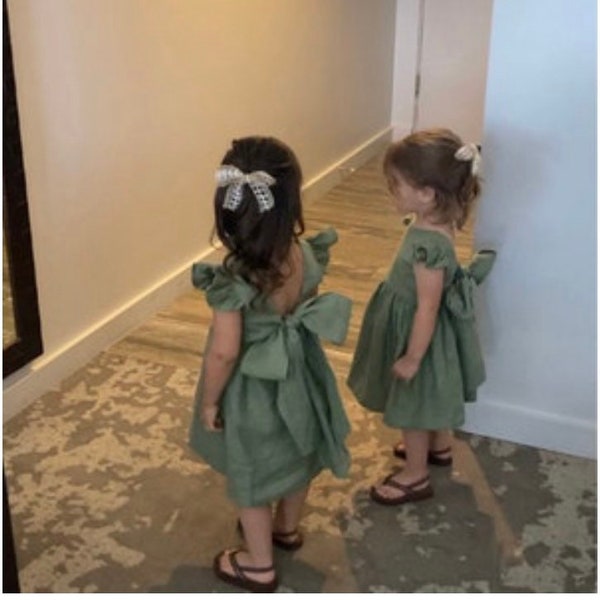 Sage green boho flower girl dress, Boho first birthday outfit, Girl linen dress