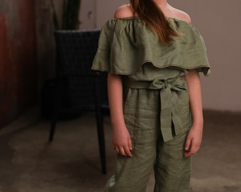 Sage green jumpsuit Linen for a girl, summer romper from linen, Ruffle jumpsuit with bow for wedding, milk jumpsuit culottes Kids overall