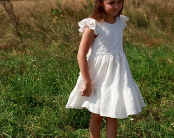 milk glitter tiered flowers dress girl with bow / boho wedding style flower girl