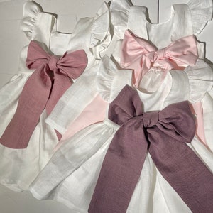 Milk dress with bow more colour bow, milk linen dress for girl, bridesmaid dress toddler with blush bow, flower girl dress boho image 7