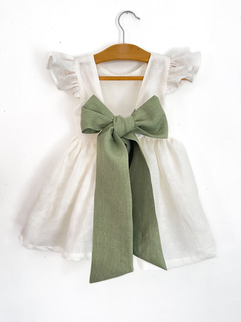 Robe lait avec noeud plus de noeud de couleur, robe en lin lait pour fille, robe de demoiselle d'honneur pour tout-petit avec noeud blush, robe de demoiselle d'honneur bohème image 6