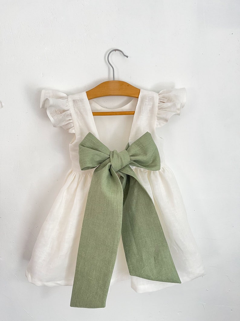 milk bridesmaid dress, milk linen dress for girl, bridesmaid dress toddler with sage green bow, flower girl dress boho zdjęcie 1