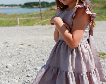 Dusty Lavender flowers girl dress, Puffy Flower Girl Dress, milk linen dress for girl, bridesmaid dress toddler with bow, flower girl dress