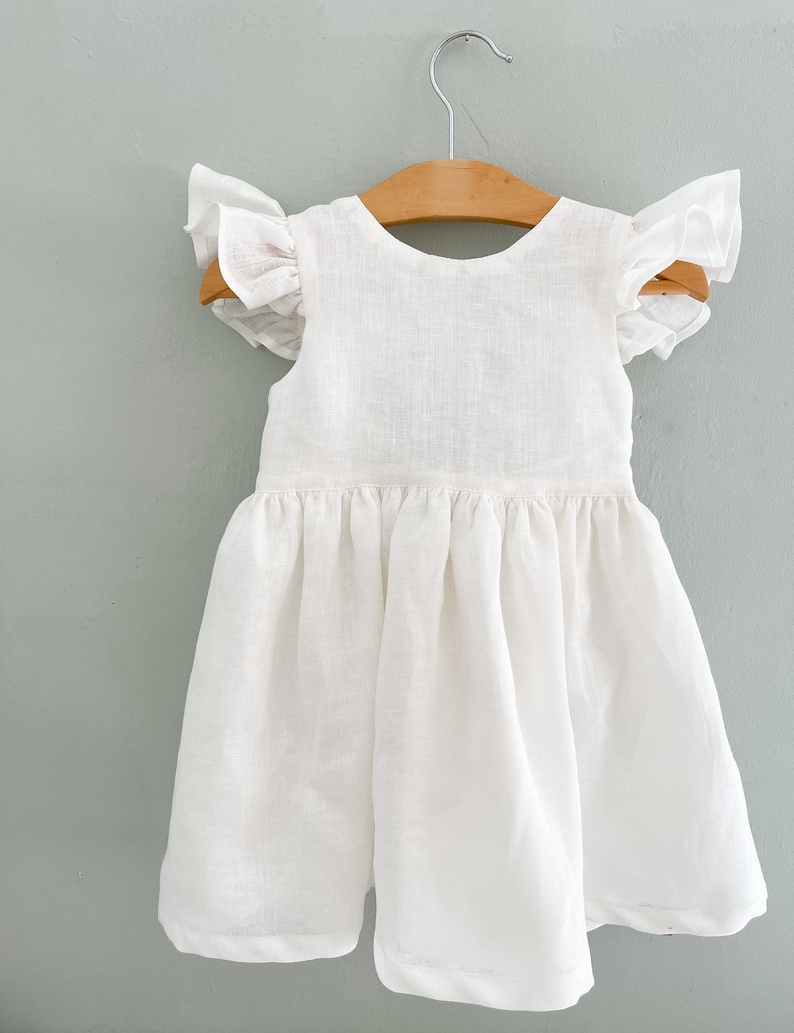 milk bridesmaid dress, milk linen dress for girl, bridesmaid dress toddler with sage green bow, flower girl dress boho zdjęcie 5