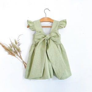 green apple flowers girl dress, toddler dress, milk linen dress for girl, dress toddler with green bow, flower girl dress boho