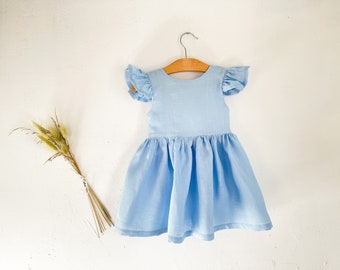 Sky blue dress with white bow 9-12 month,linen bridesmaid dress, ready to ship off the warehouse in the USA