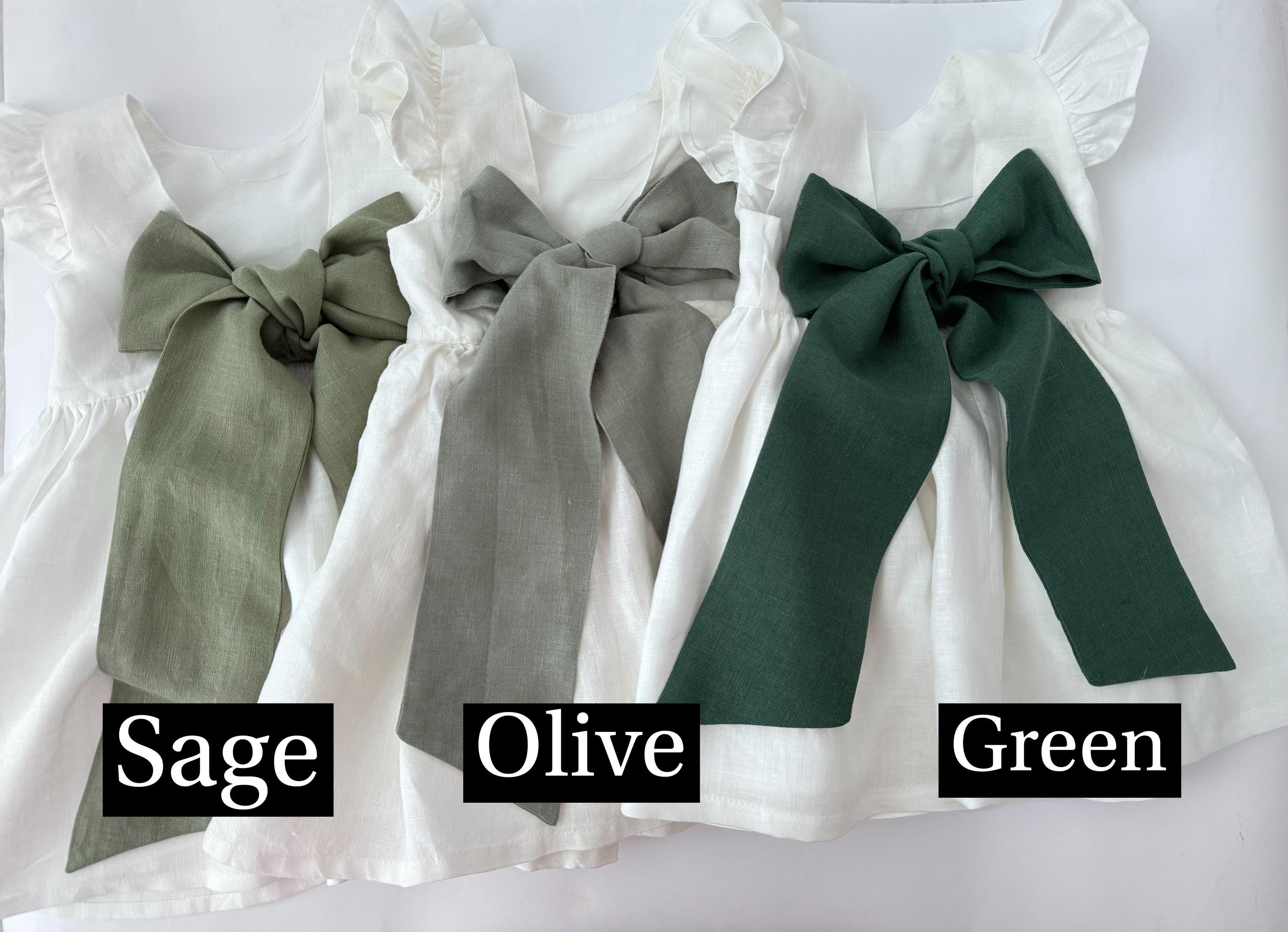 milk flowers dress, milk linen dress for girl, bridesmaid dress toddler with green bow, flower girl dress boho