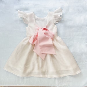 Milk dress with bow more colour bow, milk linen dress for girl, bridesmaid dress toddler with blush bow, flower girl dress boho image 9