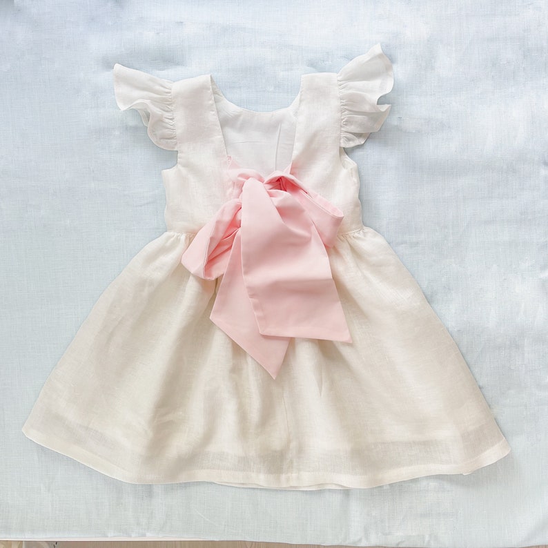 Milk dress with bow more colour bow, milk linen dress for girl, bridesmaid dress toddler with blush bow, flower girl dress boho zdjęcie 9