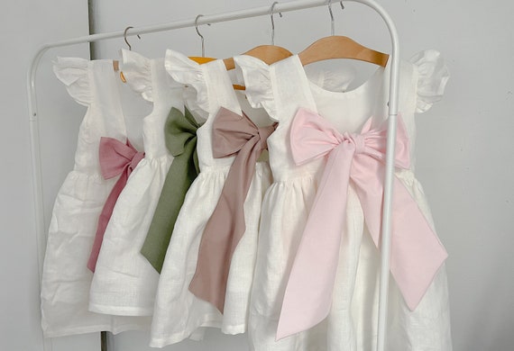 Milk dress with bow (more colour bow), Milk linen dress for girl, bridesmaid dress toddler with blush bow, flower girl dress boho