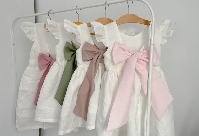 Milk dress with bow more colour bow, milk linen dress for girl, bridesmaid dress toddler with blush bow, flower girl dress boho image 1