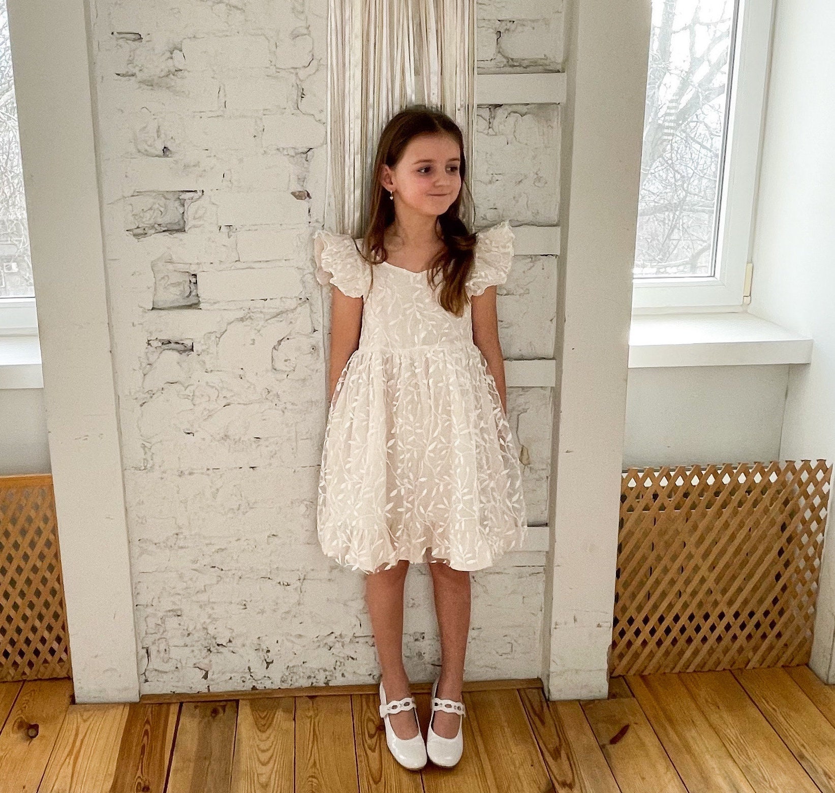 childrens ivory bridesmaid dresses Long Sleeve See Through Cute Ivory Lace Flower Girl Dresses, Junior Bridesmaid Dresses, FG047
