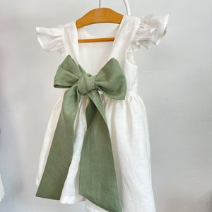 milk bridesmaid dress, milk linen dress for girl, bridesmaid dress toddler with sage green bow, flower girl dress boho image 3