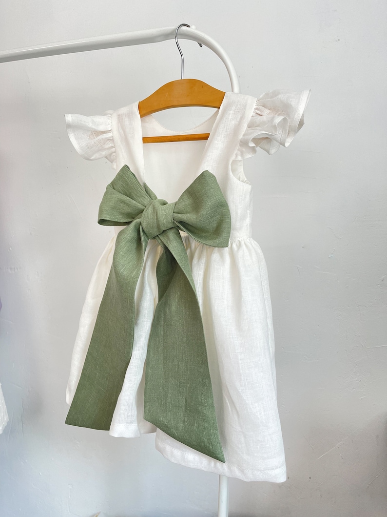 milk bridesmaid dress, milk linen dress for girl, bridesmaid dress toddler with sage green bow, flower girl dress boho zdjęcie 3