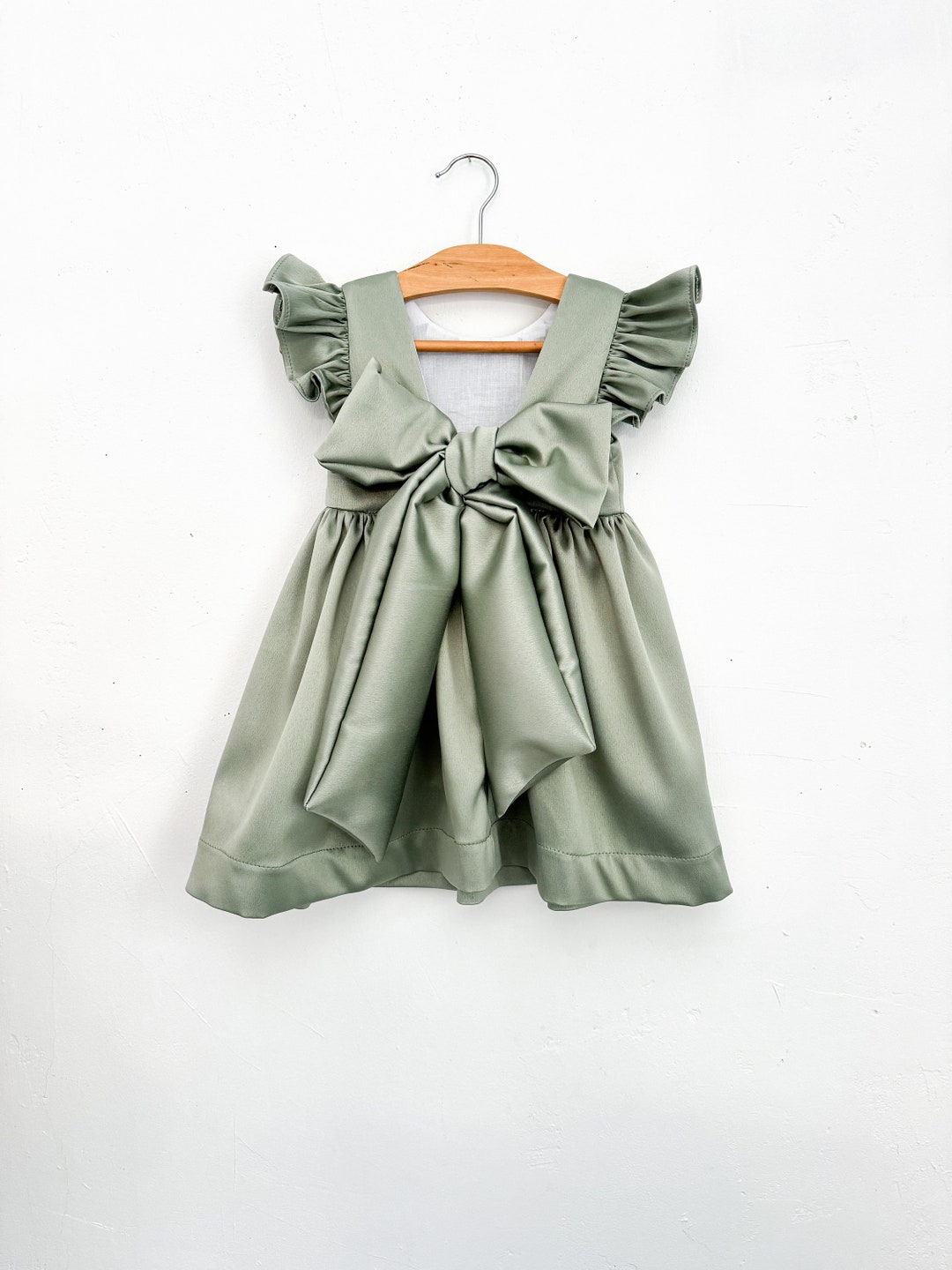 Sage Green Formal Satin Dress Toddler Infant Flower Girl Birthday Party Copper Pageant Recital Photoshoot Prop Graduation Spring