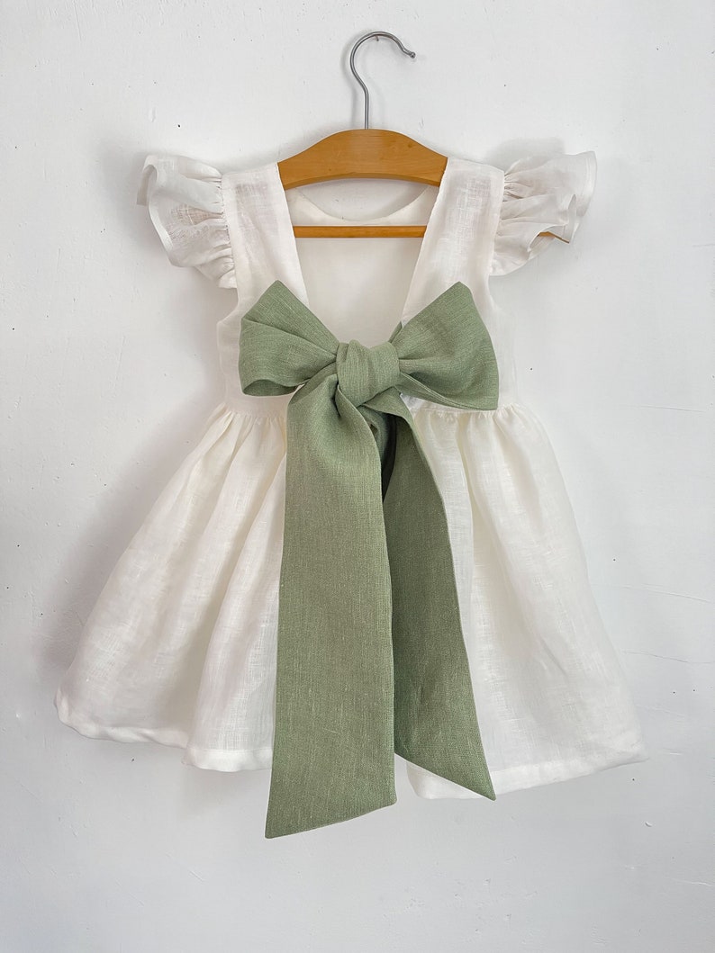 milk bridesmaid dress, milk linen dress for girl, bridesmaid dress toddler with sage green bow, flower girl dress boho image 2